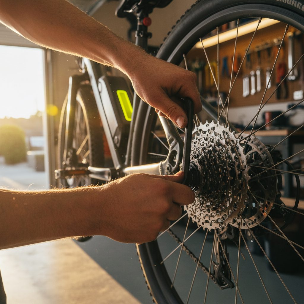 Mechanic torquing a hex wrench on an eBike's rear cassette in a sunlit Orange County garage