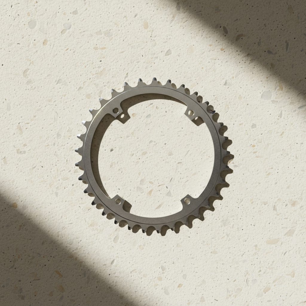 A single silver chainring resting on bleached concrete