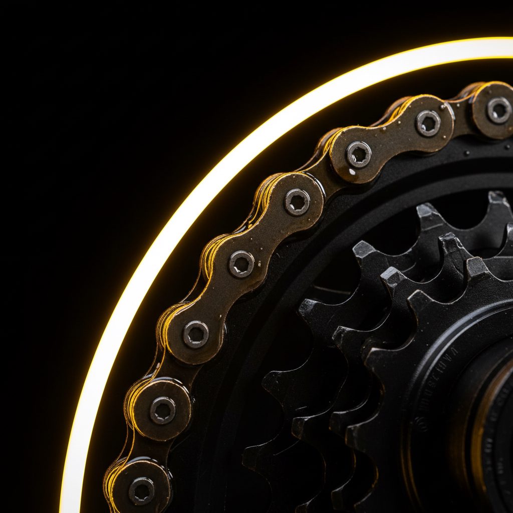 Macro shot of a freshly-lubed bicycle chain catching volt-yellow light