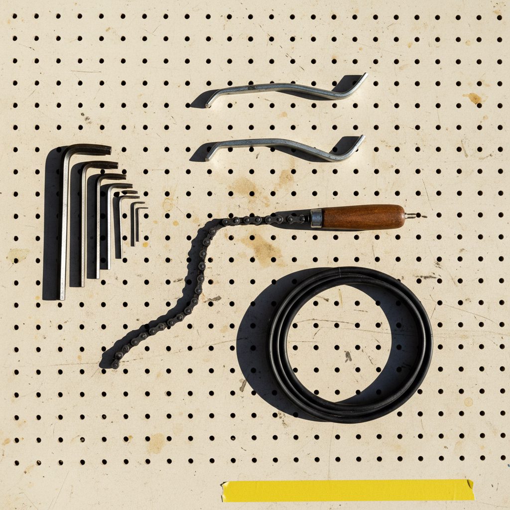 Overhead flat-lay of workshop tools on a bleached concrete pegboard